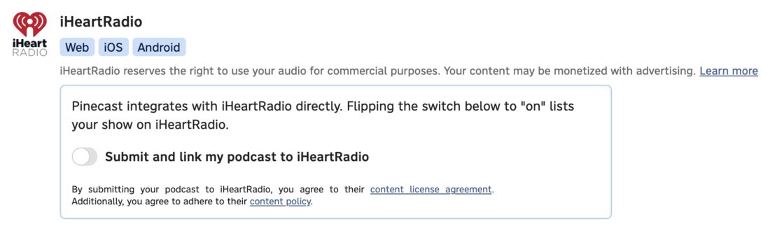 iHeartRadio on the Distribution tab