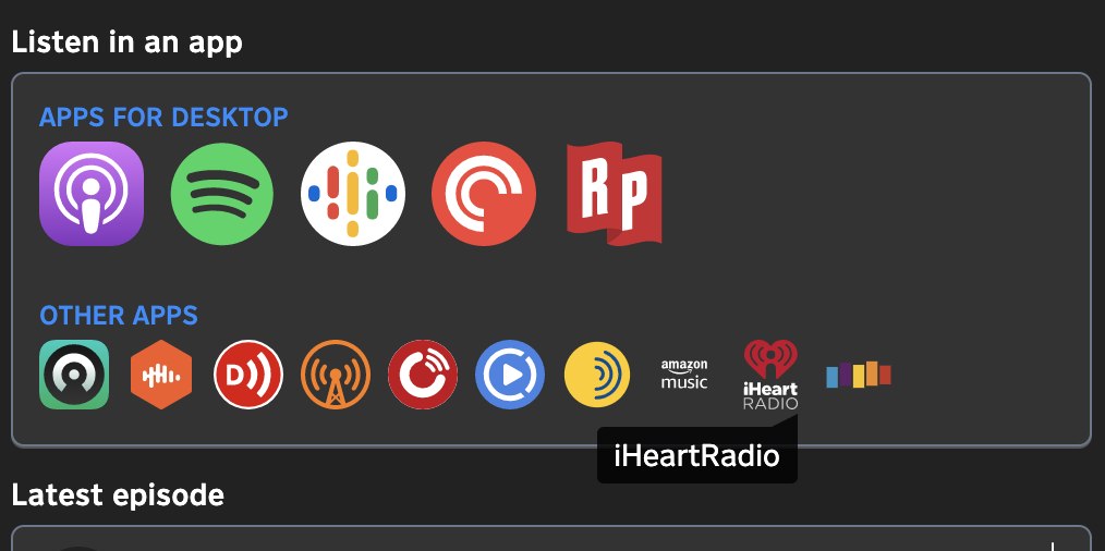 iHeartRadio appears in the list of apps on a Pinecast short link