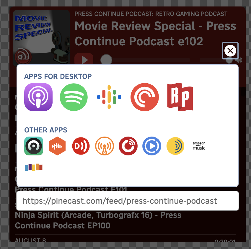 A view of the links to podcast apps within the player