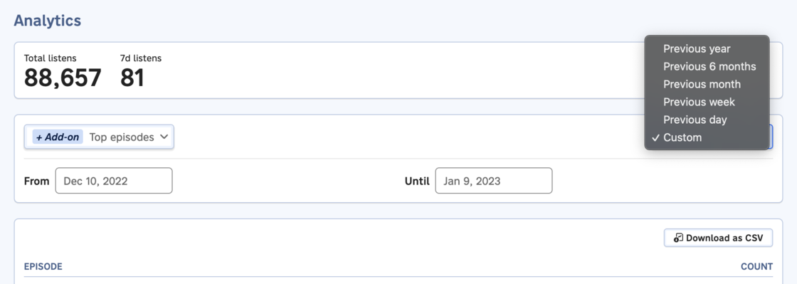 A screenshot showing the Top Episodes view with the new custom timeframe option