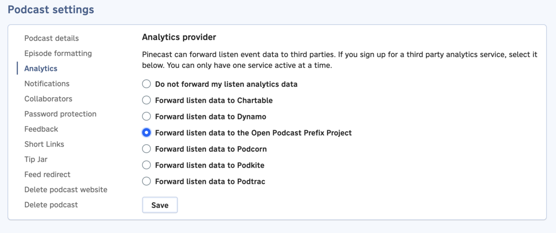Screenshot showing the Open Podcast Prefix Project option selected on the Settings, Analytics tab of the podcast dashboard.