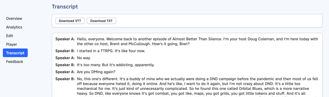 The Transcript tab on the episode dashboard