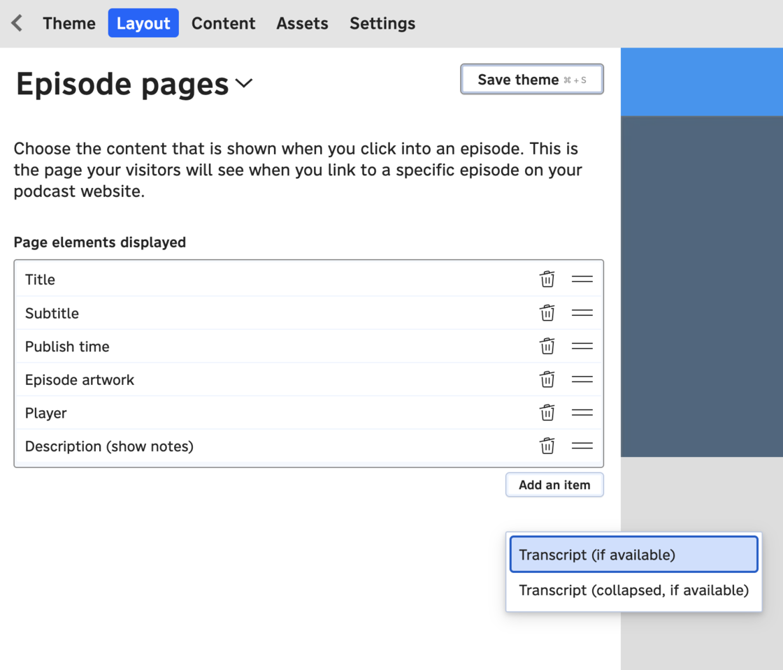 The Pinecast site builder showing the transcript modules that are available.