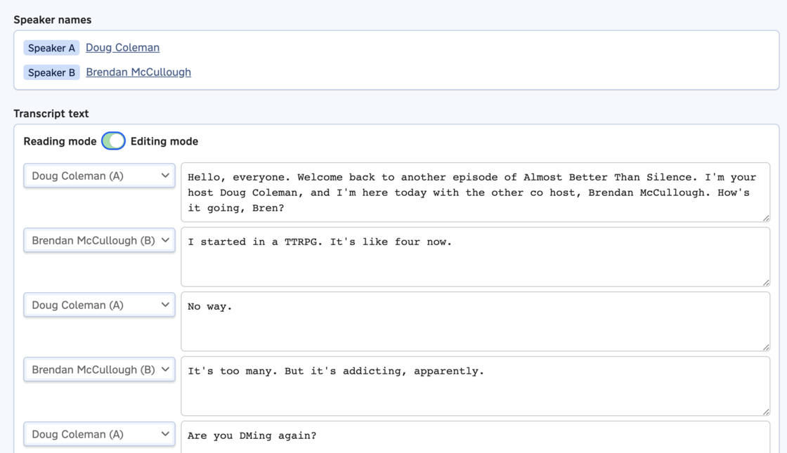 A screenshot of the new transcript editing mode