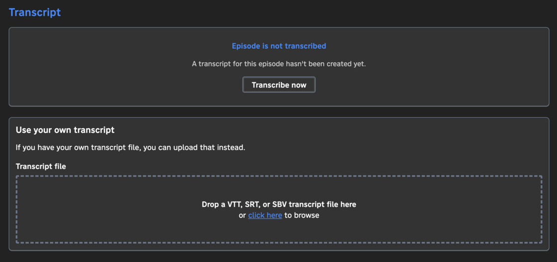A screenshot showing the Transcript tab for an untranscribed episode