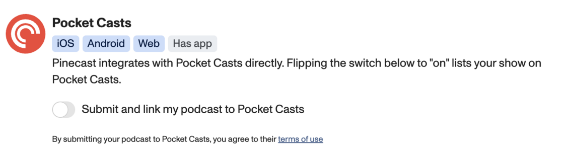 A screenshot showing the switch to submit a podcast to Pocket Casts on the Distribution tab of a podcast dashboard