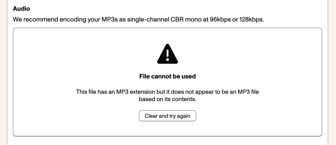 A screenshot showing an audio file being rejected for having the wrong file contents