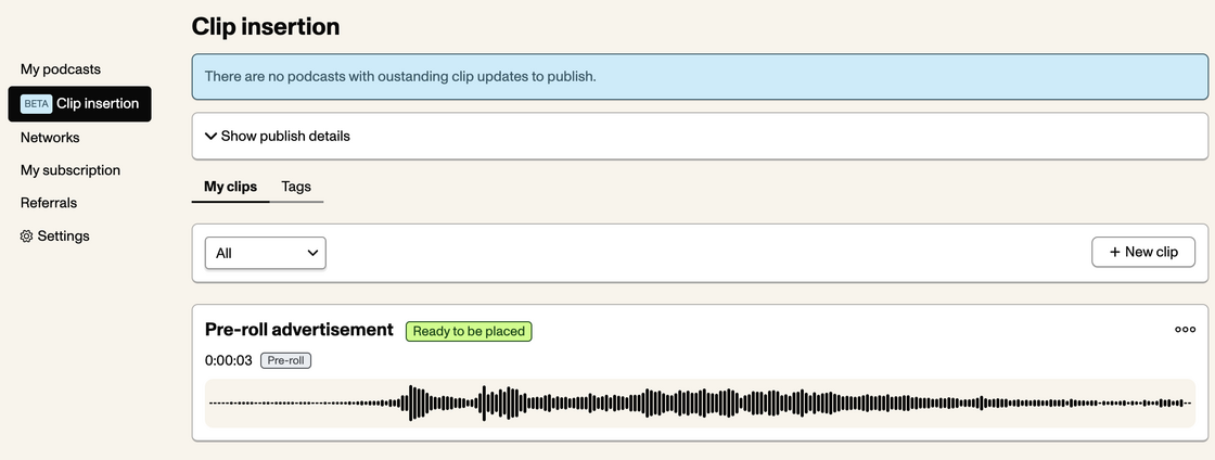 Screenshot of clip insertion dashboard