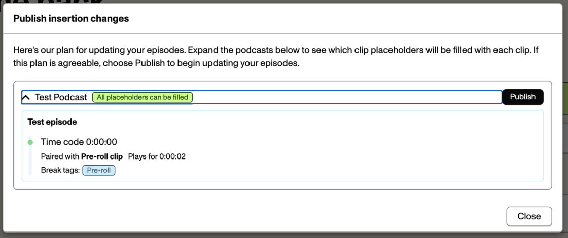 Screenshot of clip insertion publish modal