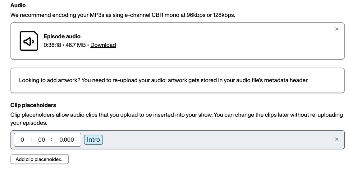 Screenshot showing clip placeholders added to an episode below the audio upload field