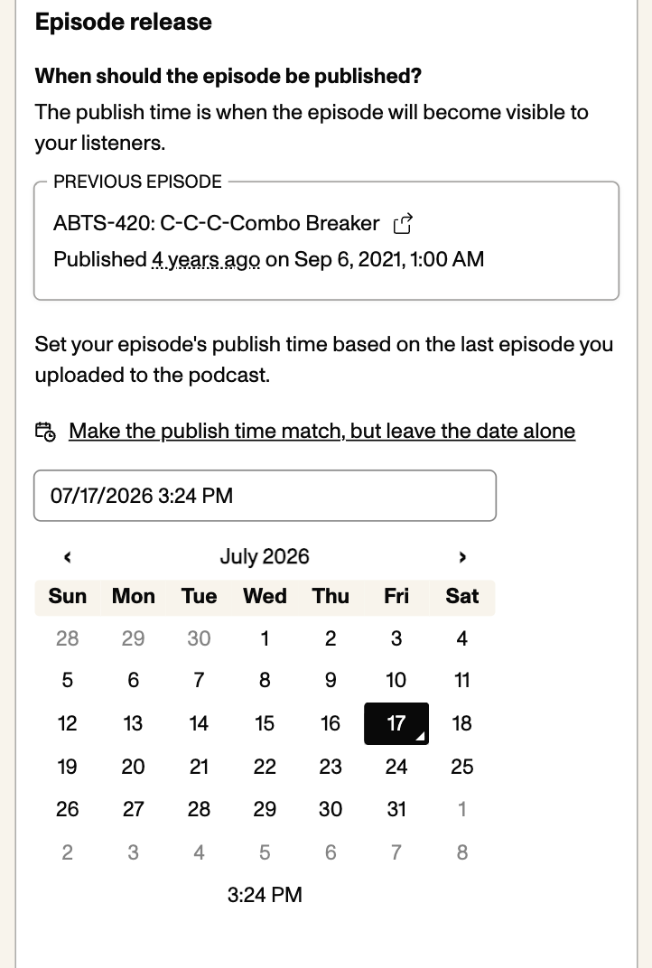 A preview of the episode scheduling interface