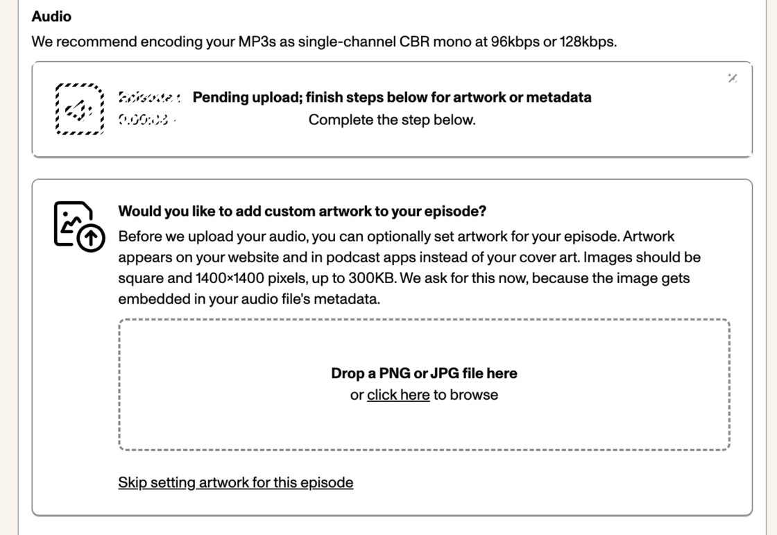 The UI asking for artwork to be uploaded
