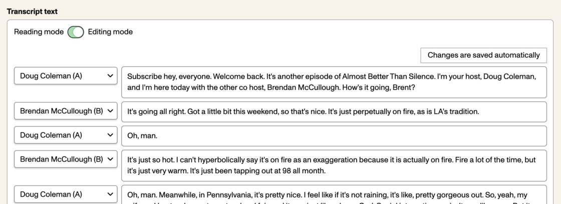 A preview of the updated transcript editor UI