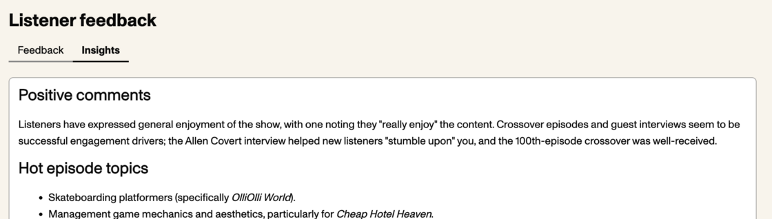 A preview of a listener feedback report