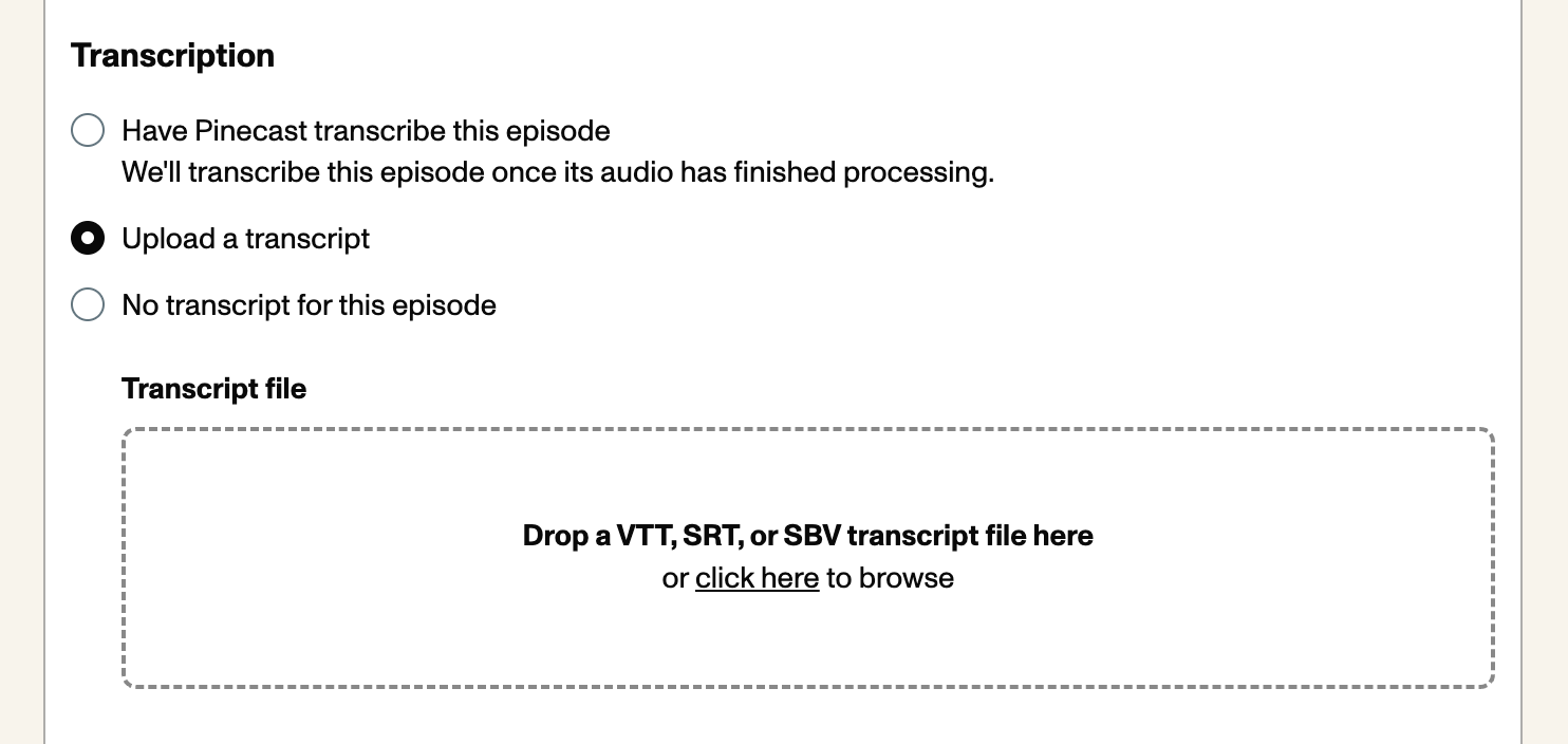 A preview of the option to add a transcript