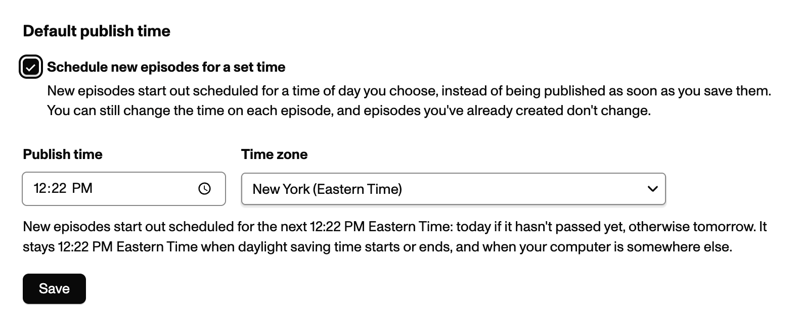 The new “Default publish time” setting on the Episode Formatting settings tab