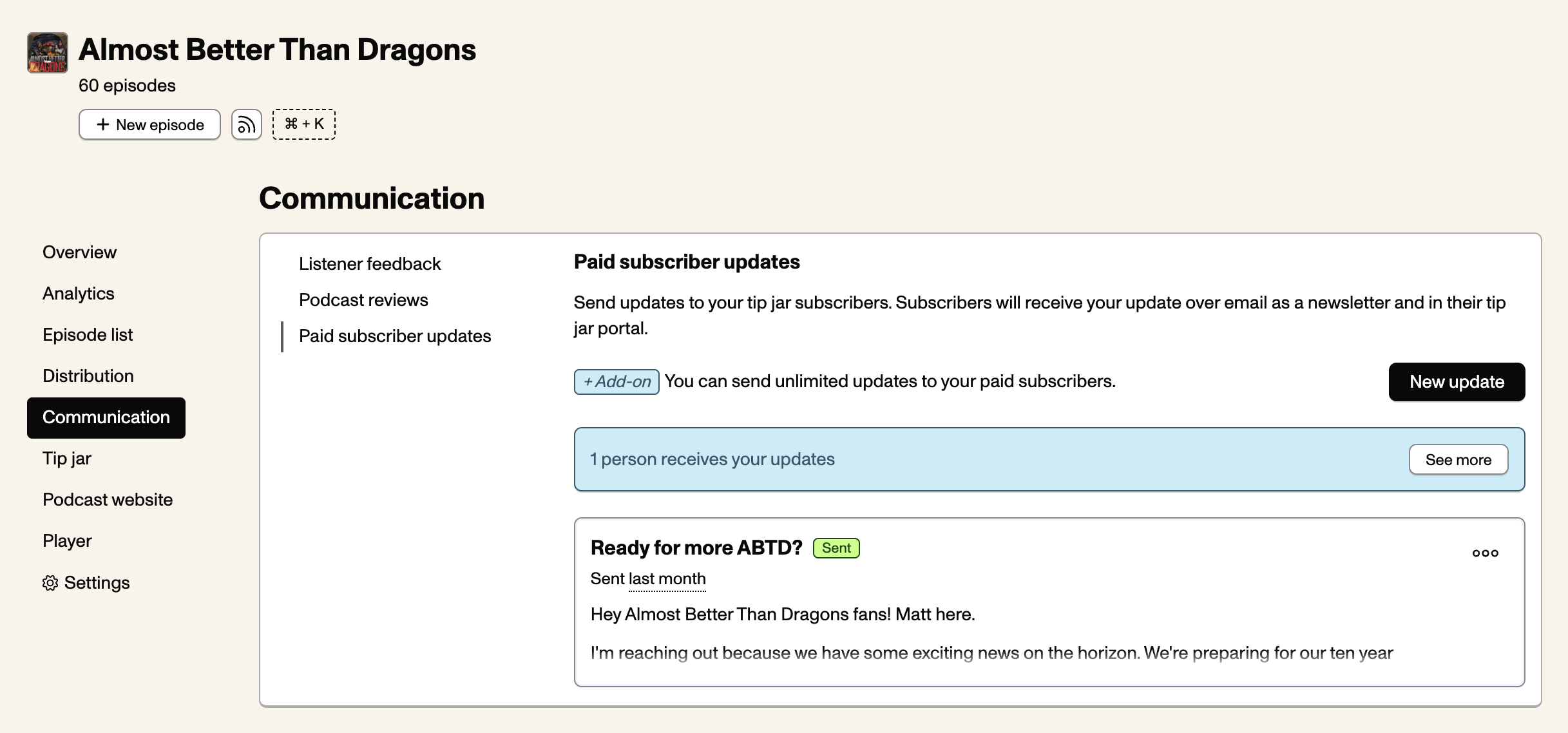 Screenshot of the subscriber updates UI, showing one published subscriber update